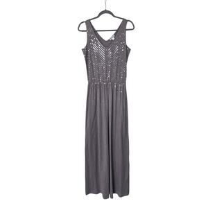 Garnet Hill Gray Full Sequin V-Neck Elegant Sleeveless Maxi Dress, Size Small